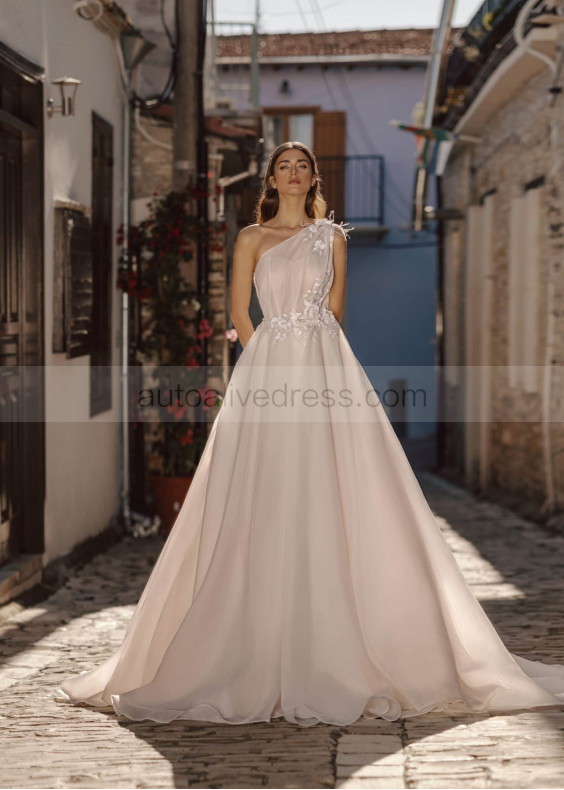 One Shoulder Light Pink Organza Lace Dreamy Wedding Dress One Shoulder Light Pink Organza Lace Dreamy Wedding Dress